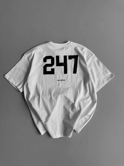 Baskılı Oversize Bisiklet Yaka T-shirt - Beyaz resmi